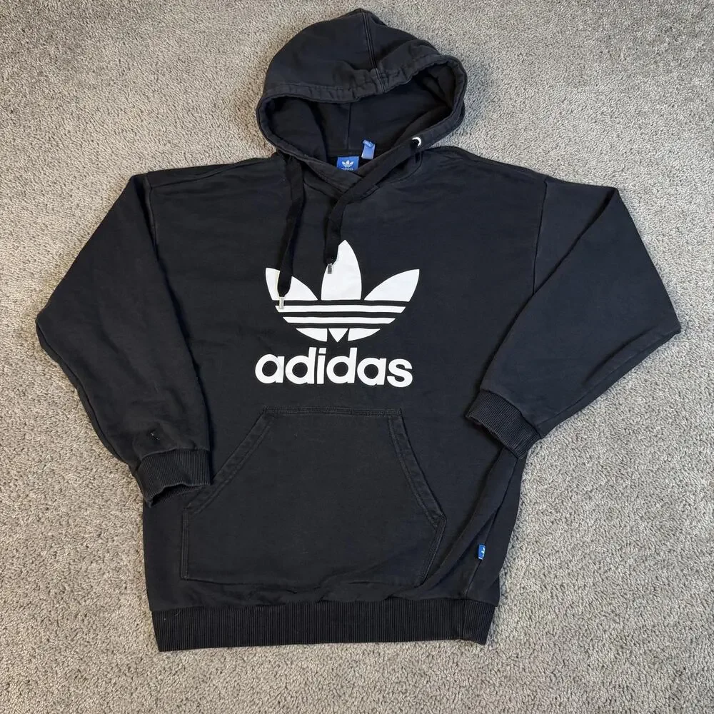 Adidas Hoodie Mens M Black Pullover Hooded Pockets Trefoil Graphic Originals